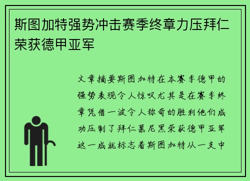 斯图加特强势冲击赛季终章力压拜仁荣获德甲亚军